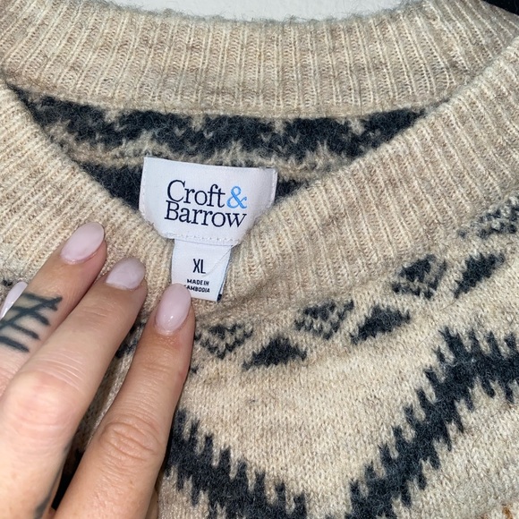 Croft & Barrow Cream and Brown Patterned Sweater - Picture 2 of 4